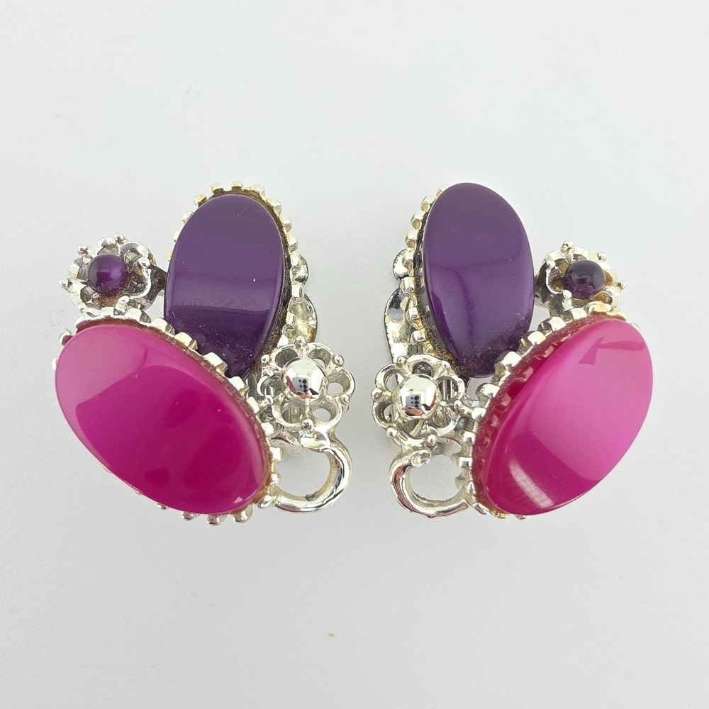 Vtg PAKULA Clip-On Earrings Purple Pink Lucite Cluster Mid-Century Silver Tone